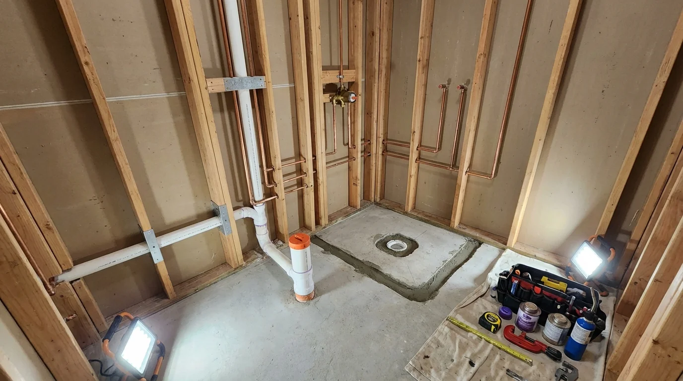 Bathroom rough-in plumbing during remodel by Johns Plumbing LLC in Gainesboro