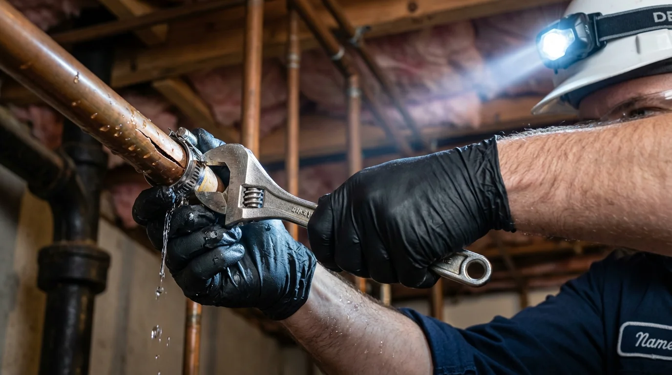 Emergency pipe clamp repair being performed by a Johns Plumbing LLC plumber in Gainesboro