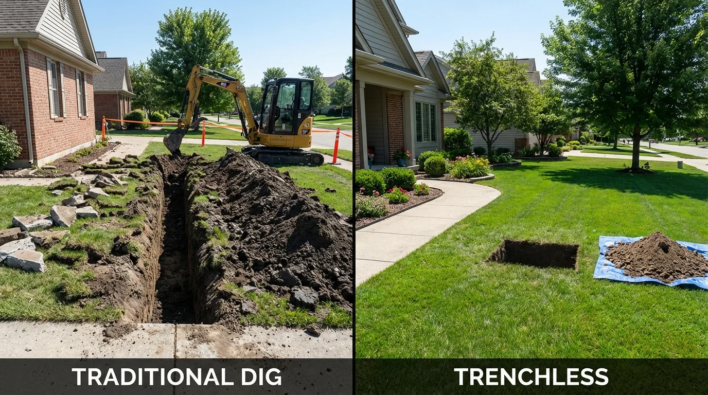 Trenchless sewer repair with minimal yard damage versus traditional excavation in Gainesboro, TN