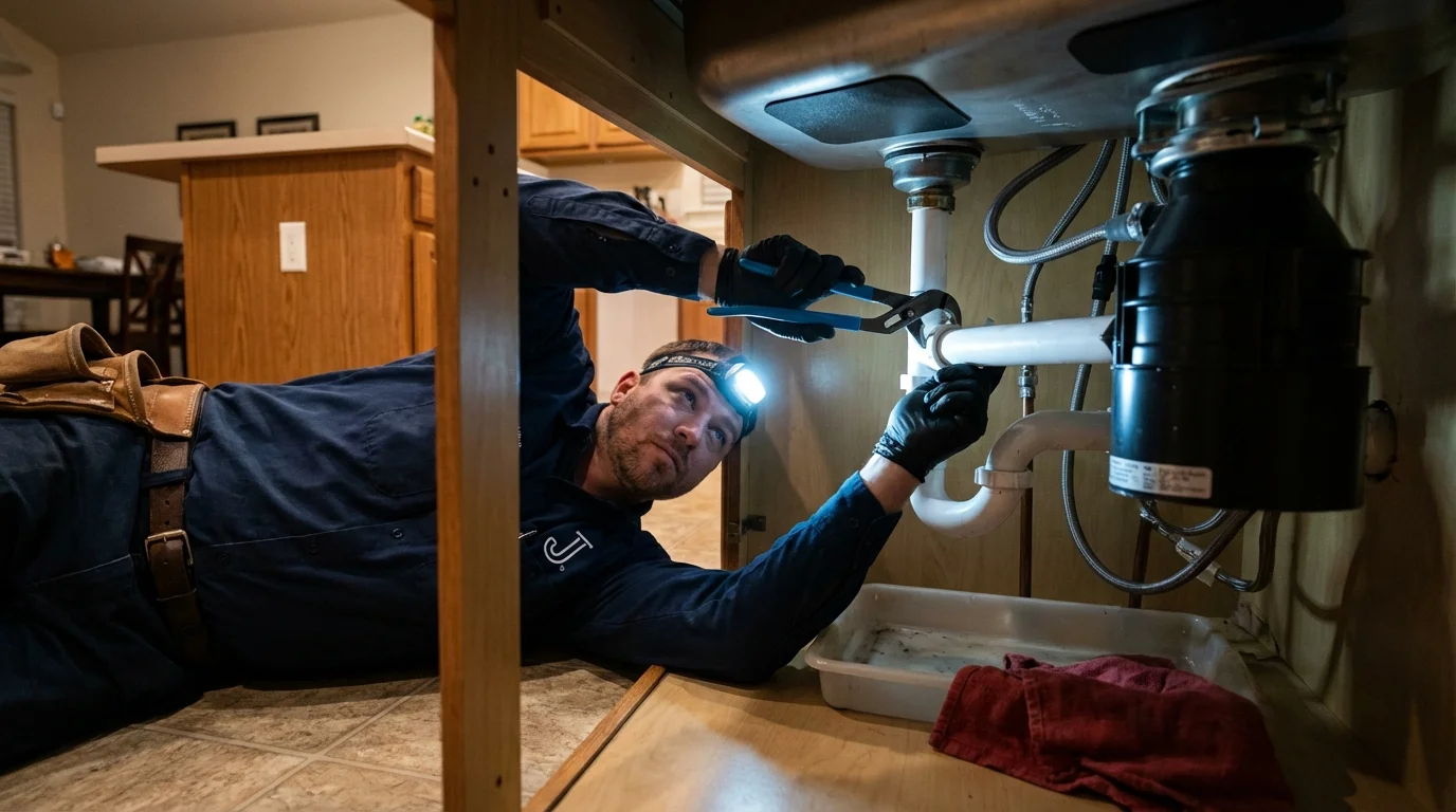 P-trap and supply line connections under a kitchen sink showing a common leak point in Gainesboro, TN